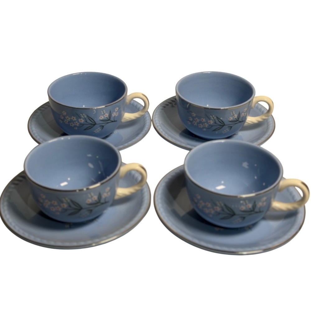 VTG Homer Laughlin Kraft Blue Cup Saucer Set Floral Silver Trim 4 Sets